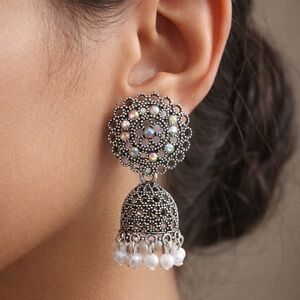 Oxidized Silver Jhumka Earrings | Indian Traditional Pearl & Iridescent Stone